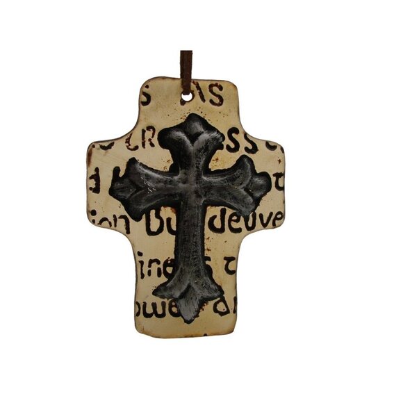 Hanging Religious Cross Christian Glass Ornament 5" Leather Hardware Collectible - Picture 3 of 11